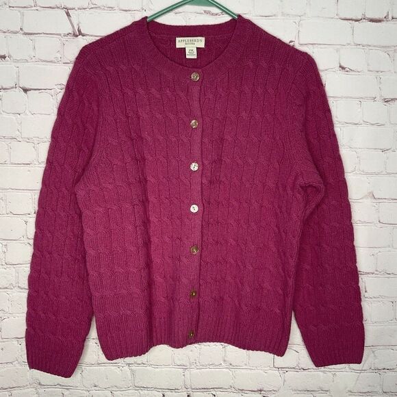 Appleseed's Women's Raspberry 100% Wool Button Front Cable Knit Cardigan Size PM - Picture 7 of 9